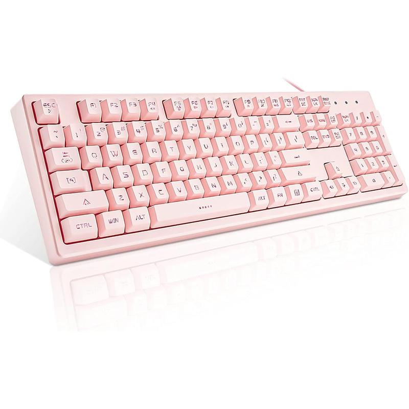 Pink Keyboard with 7-Color LED Backlit, 104  Quiet Silent Light Up Keyboards, 19-Key Anti-Ghosting  Gaming Keyboard Mechanical Feeling  Wired USB for Computer, , Laptop