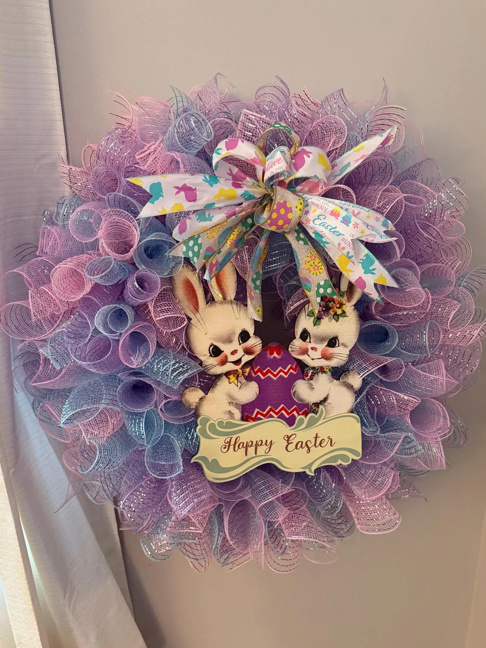 Pastel Easter Wreath with Bunny Accents - Easter Home Decoration