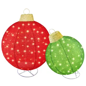 HOYECHI 2pc Lighted Pop-Up Outdoor Christmas Ornament Set – Holiday Ball Decorations with 200 LED Lights, 8 Lighting Modes, for Yard & Outdoor Christmas Decor - Red/Green