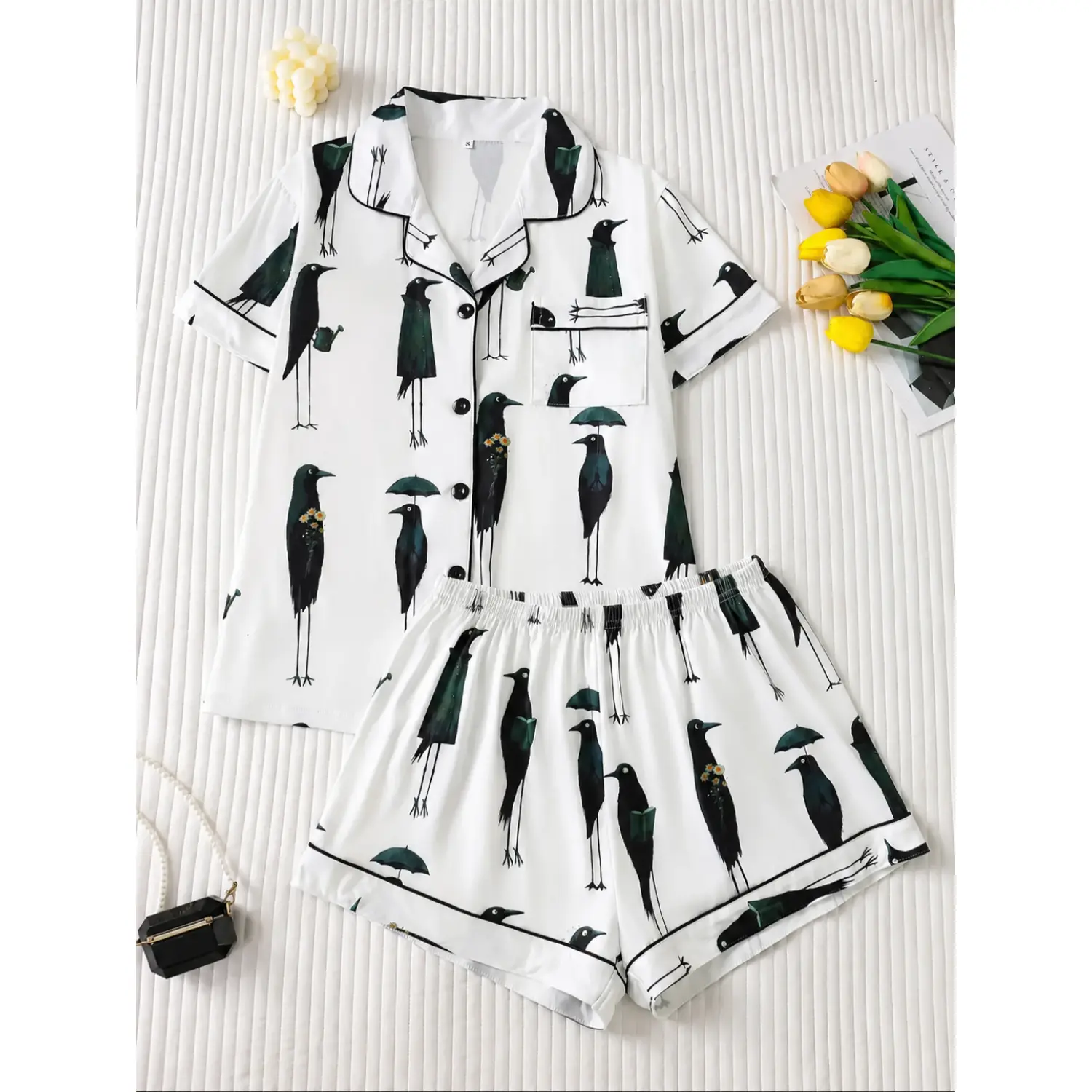 Women's Unique Raven Pattern Pajama Set, Button-Up Short Sleeve Top with Relaxed Fit Shorts, Creative Fashion Sleepwear