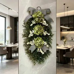 Farmhouse Style Greenery Door Decor, Artificial Boxwood with Hydrangea, Berries, and Striped Bow, All-Season Front Door Decoration