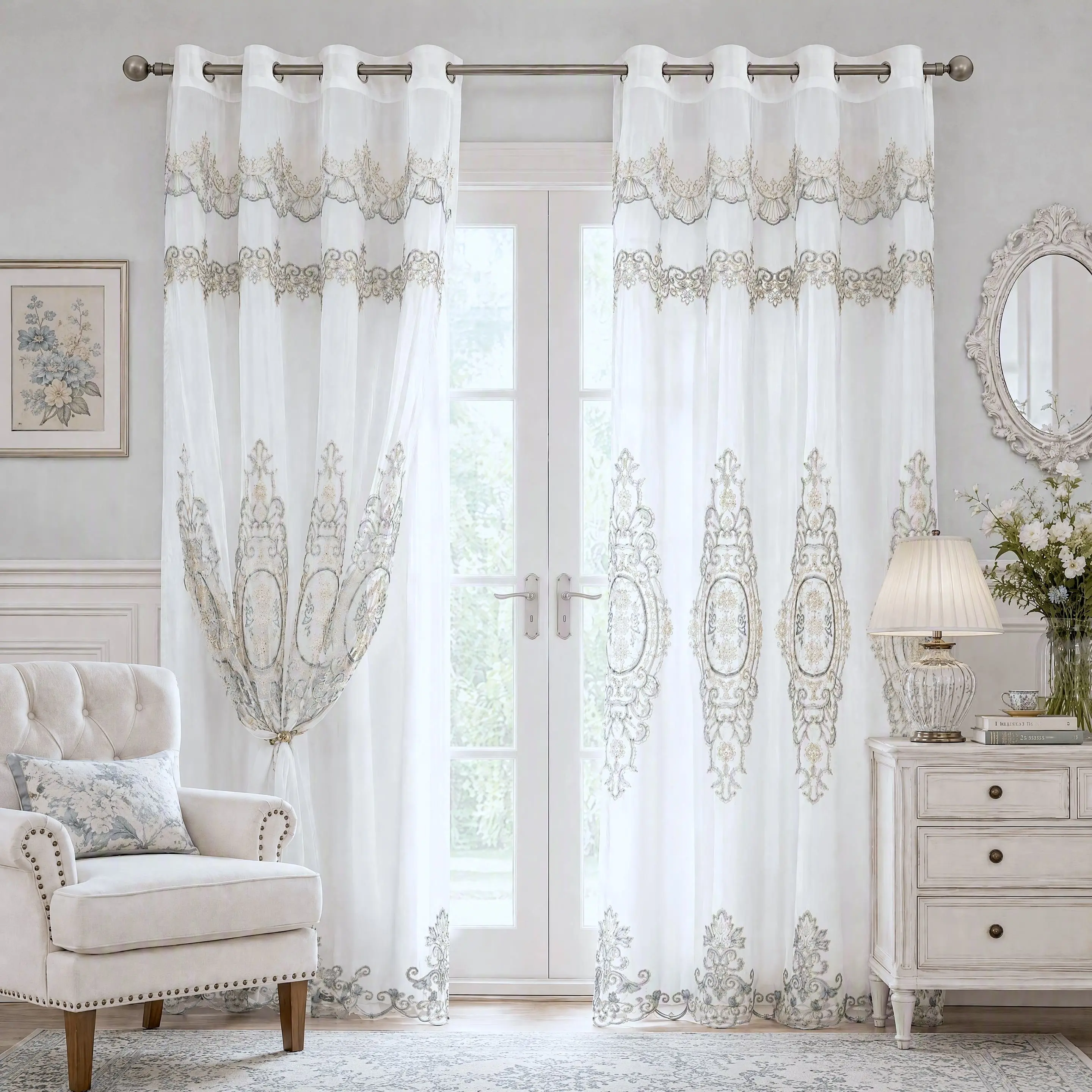 Lumina Polyester Grommet Top Curtains 2-Panel Set (52x84 in), Silver Cord Damask Embroidered Double Layer Drapes with Satin Liner & Decorative Valance, European Classic Farmhouse Home Decoration Curtain for Living Room, QF601