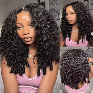 Burmese Curly Human Hair 200% Density Upgrade remy Human Hair Wigs with Drawstring and Spiral End Glueless Clip in Half Wigs for Black Women No Leave Out #1B Natural Black 28Inch