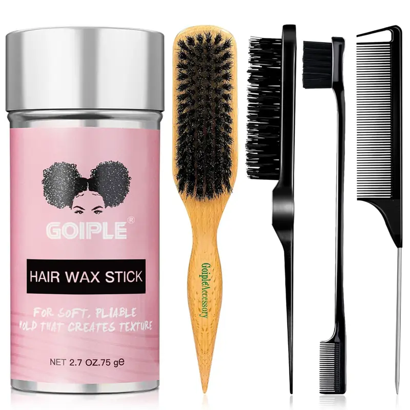 Goiple Normal Slick Back Hair Styling Set - Boar Bristle Detangler Brush, Wooden Slickback Tool, Edge Lift Brush, Salon Styling Edge Comb, Rat Tail Comb, Hair Wax Stick