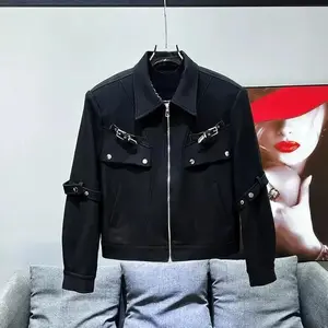 2025AutumnMetalStrapDesignJacketKoreanStreetwearMen'sLooseHandsomeHighStreetHigh-endVersatileWorkwearJacketBreathableCottonCrewNeckTee