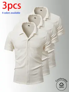 3-Pack Men’s Summer Short Sleeve Shirts, Men’s Short Sleeve Shirt, Men’s Shirt Textured checkered short-sleeve shirt with button design; loose fit, turn-down collar, lightweight and breathable. Available in multiple solid colors for easy matching—suitable