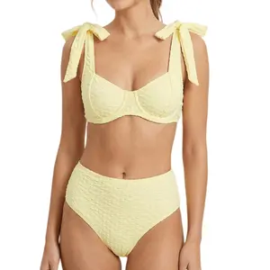 Women's Tie Shoulder High Waisted Bikini Set - Textured Underwire 2 Piece Swimsuit