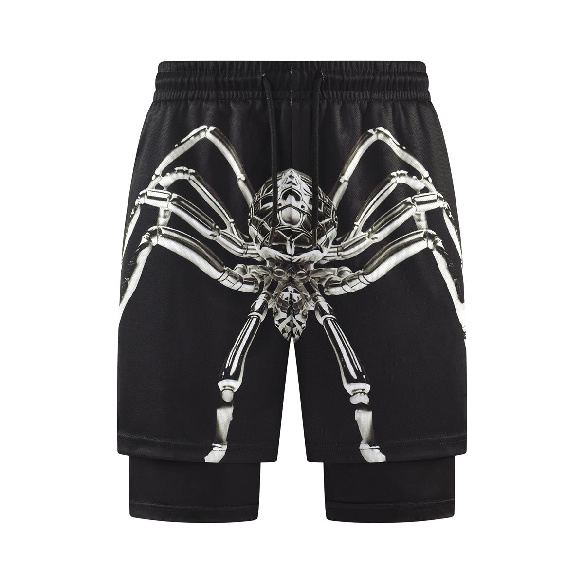 Edgy Graphic Mens Double Layered Athletic Short Gothic Spider Print Loose Fit Breathable Shorts for Daily Wear