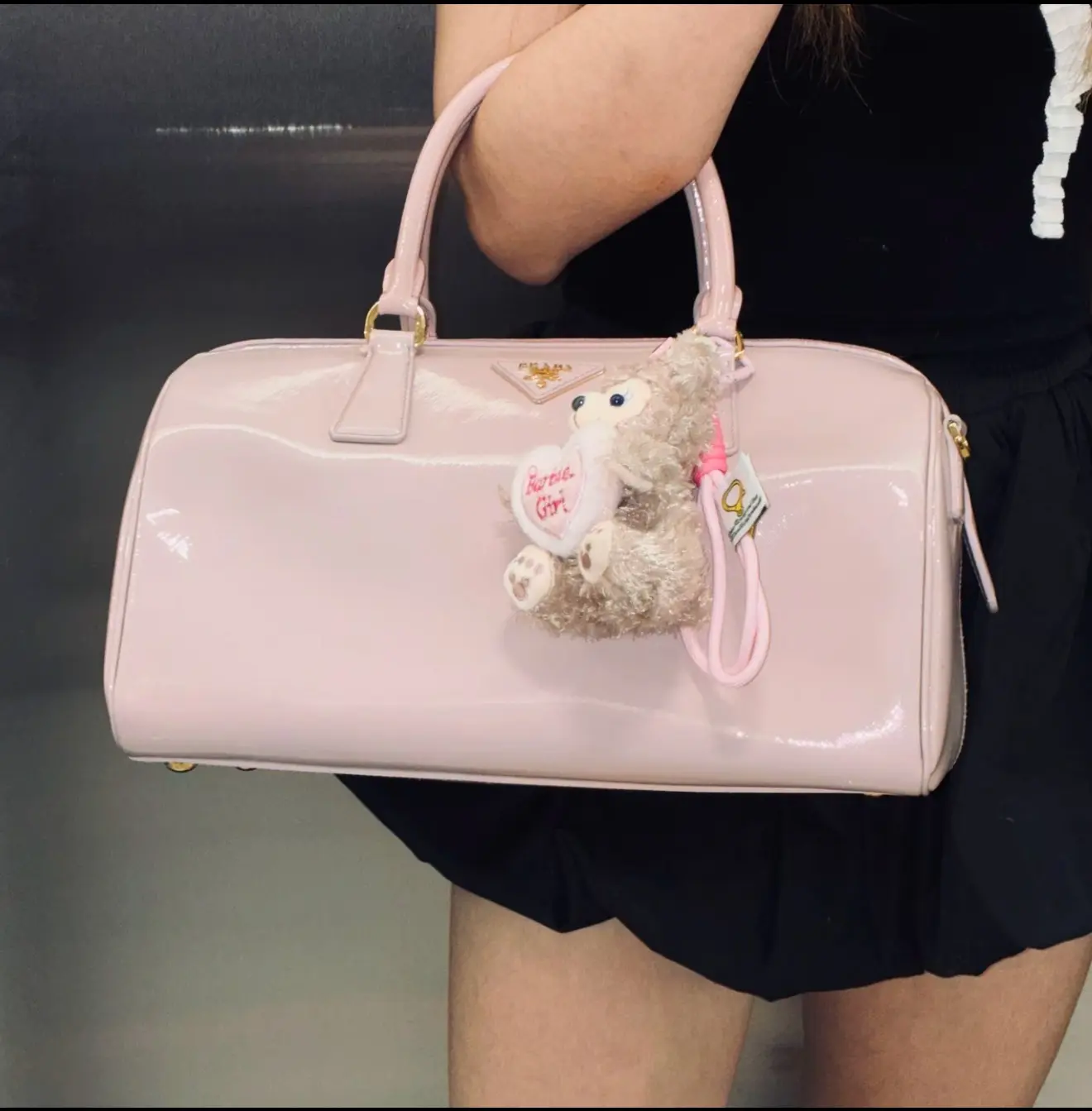 Pre-owned PRADA Baby Pink Glossy Patent Leather Large Boston Doctor Bag Gold Triangle Logo Dual Top Handle Handbag