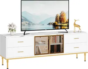 Modern 65-Inch White TV Stand with LED Lights, 4 Drawers, Shelves, and Glass Doors – Low-Profile Entertainment Center Console Table for 55/65/75-Inch TVs in Living Room