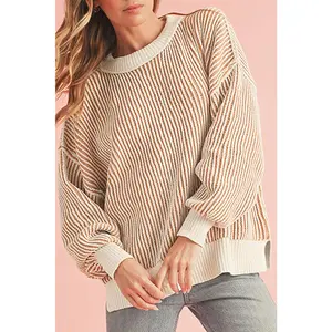 Chestnut Striped Contrast Trim Loose Sweater