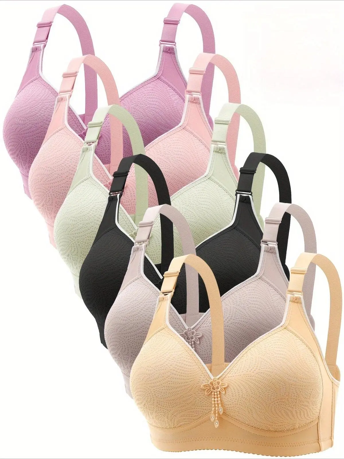 Women's 6PCS EssElegance Chic Elegant Push-Up Jacquard Breathable Bra - Adjustable Support Straps, Wire-Free, Everyday Comfort Lingerie & Underwear Wireless Compression Bras Wireless Strapless Bra