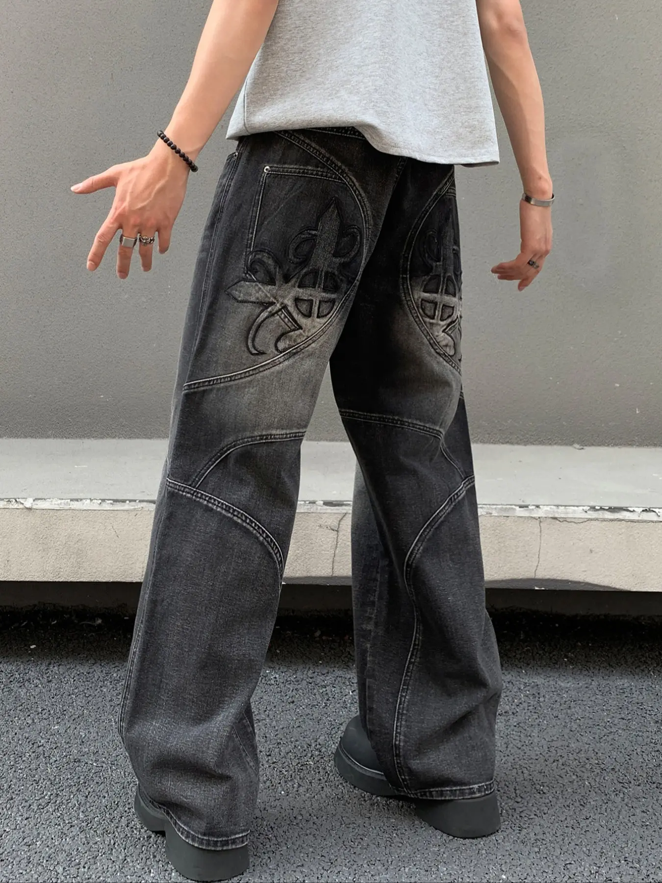 Men's Embroidered Jeans with Fake Pockets, Loose-Fit Wide Leg