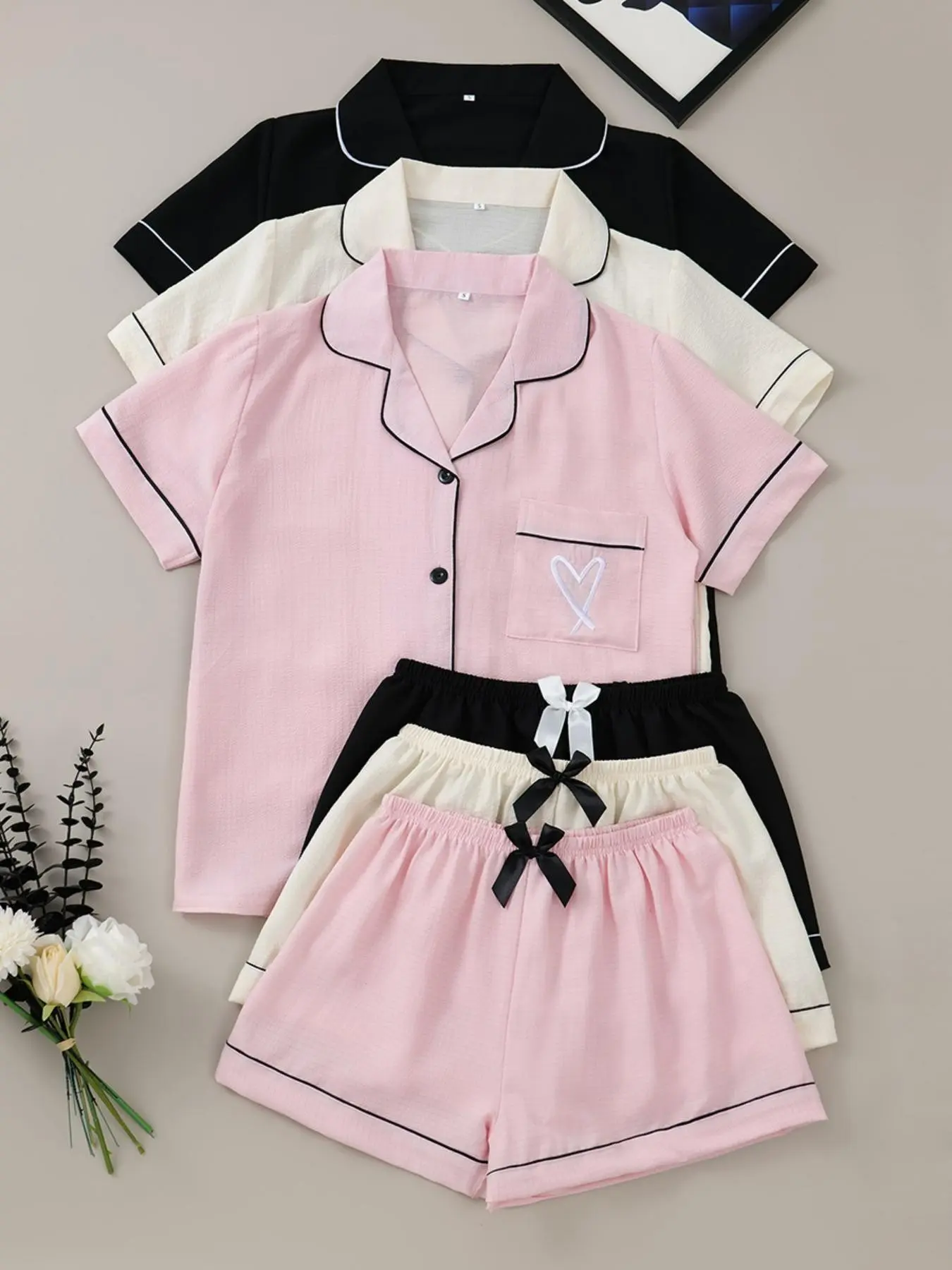 6-Piece Heart Embroidered Pajama Set, Short Sleeve Button-Up Top and Elastic Waist Shorts, Women's Sleepwear and Loungewear, Embroidery