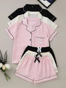 6-Piece Heart Embroidered Pajama Set, Short Sleeve Button-Up Top and Elastic Waist Shorts, Women's Sleepwear and Loungewear
