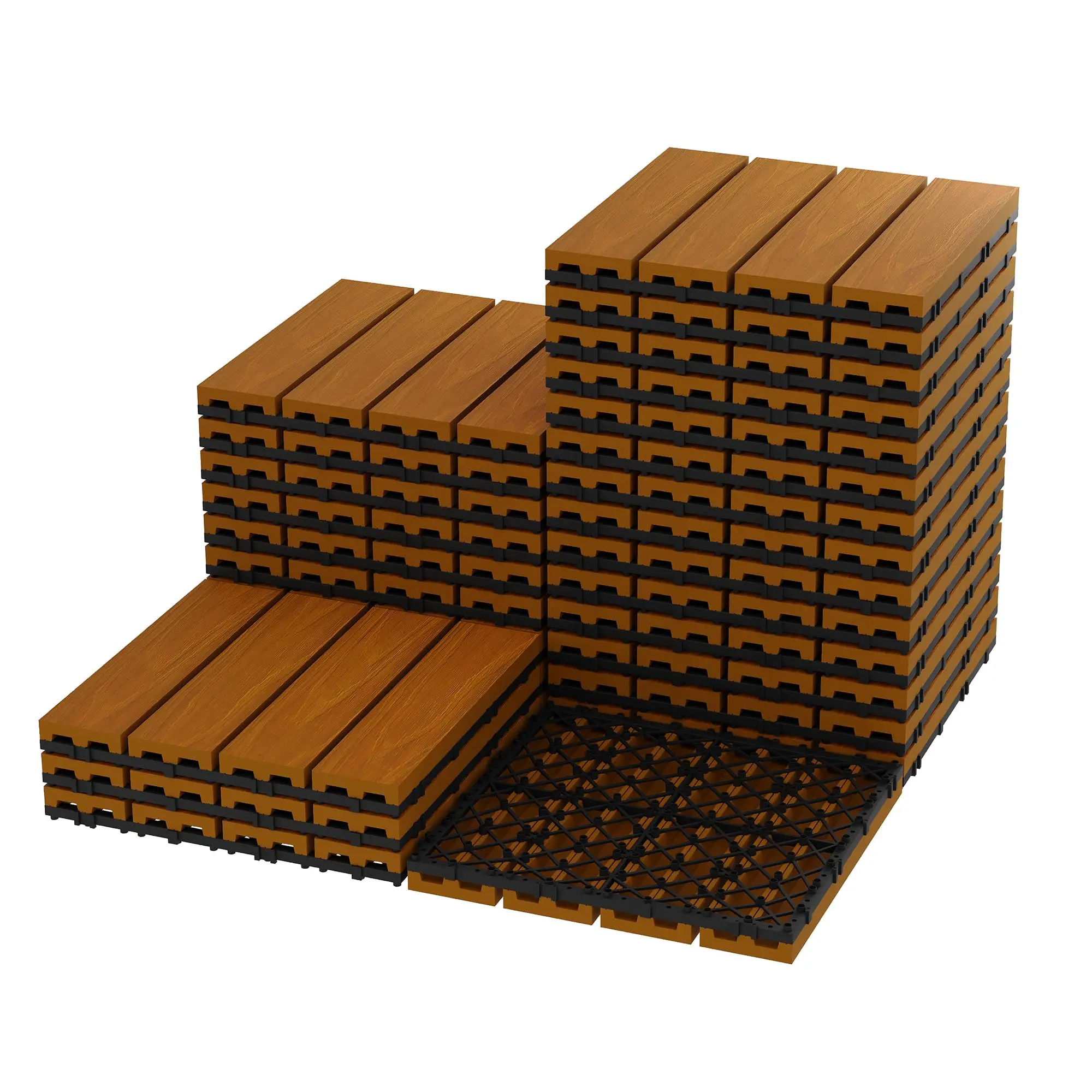 Teak 27-Pack 12x12 Rectangular Interlocking Deck Tiles, Waterproof Plastic Composite Wood Outdoor-Indoor Flooring, No Adhesives Tool-Free Snap-Together Easy Install, Airflow Lightweight Customizable Layout All-Weather Balconies Tiles
