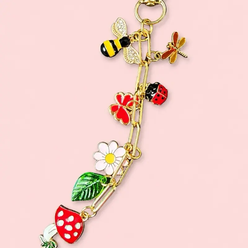 Cottagecore Charm Chain with Mushroom Daisy Bee Butterfly Dragonfly Ladybug Charmsfor iPad Kindle Bags Oxidized Brass 6 Inches Total Length Whimsical Bag Charm