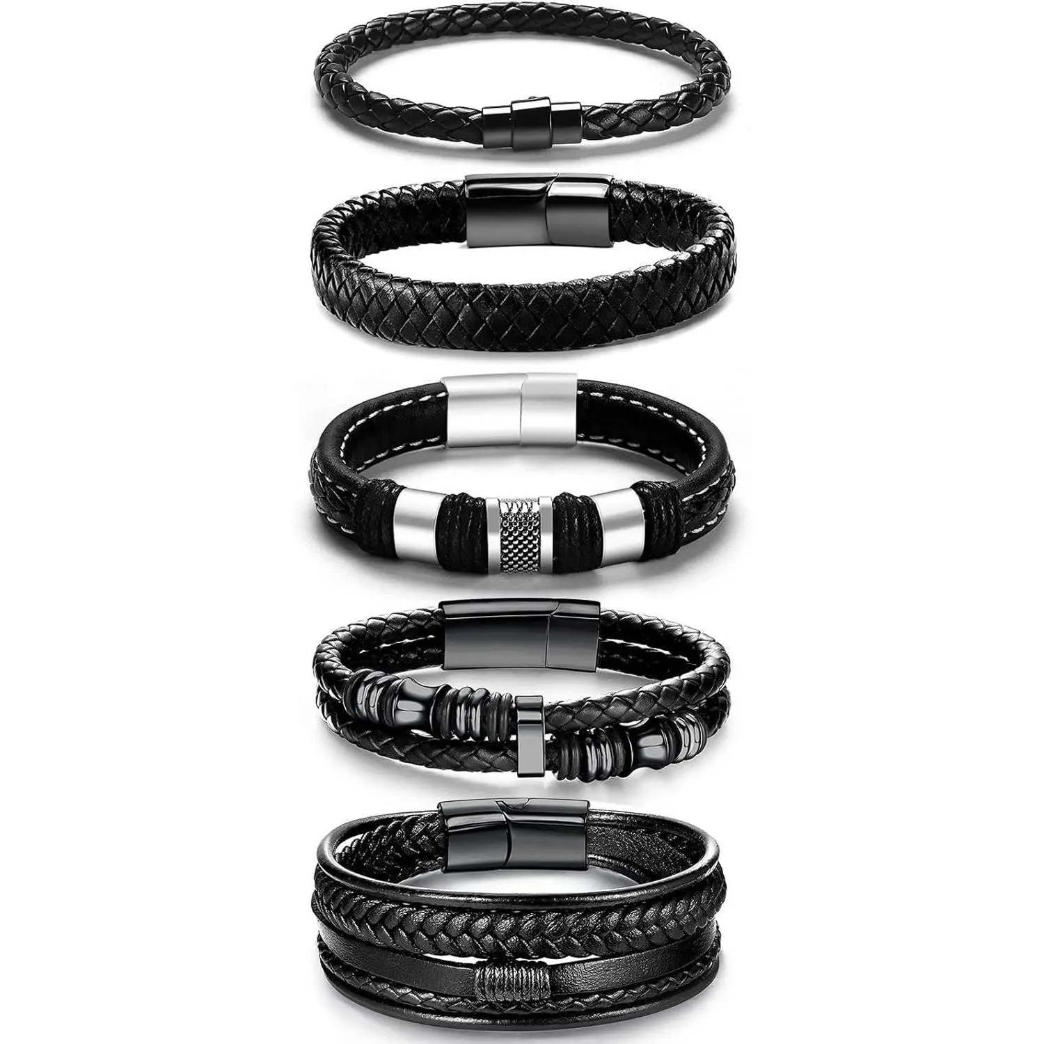 5 Piece Leather Bracelet Set for Men & Women, Multi-Layer Black Woven Cuff Jewelry with Stainless Steel Magnetic Buckle, Casual Valentine's Day Gift, Bracelet Jewelry, Birthday, Wedding, Braided, Anniversary, Unisex, Party, Black 5Pcs, Durable & Comfortab