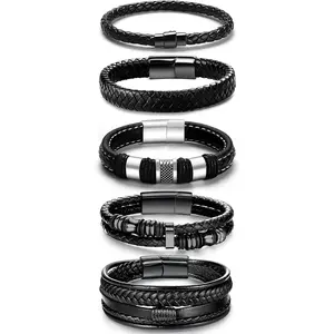 5 Piece Men Multi-layer Combination Set Bracelet Leather Woven Magnetic Buckle Bracelet Beauty & Personal Care