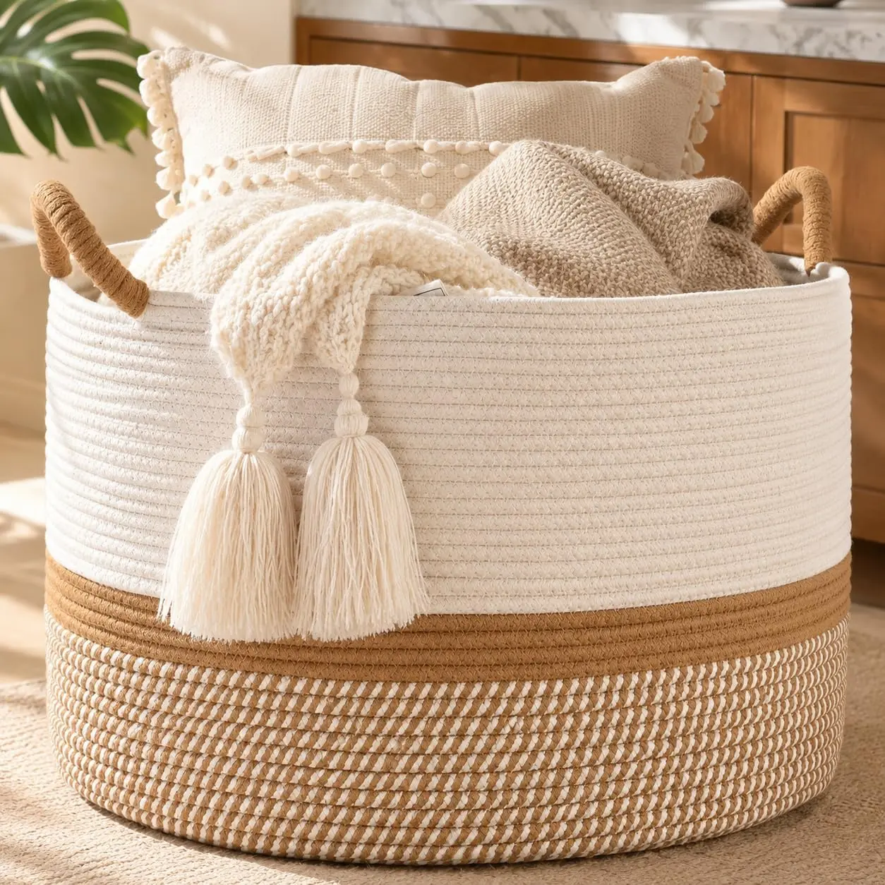 Large Cotton Rope Woven Storage Basket with Handles, Extra Large Capacity Blanket Basket for Living Room, Laundry Hamper, Stuffed Animal Toy Storage Bin