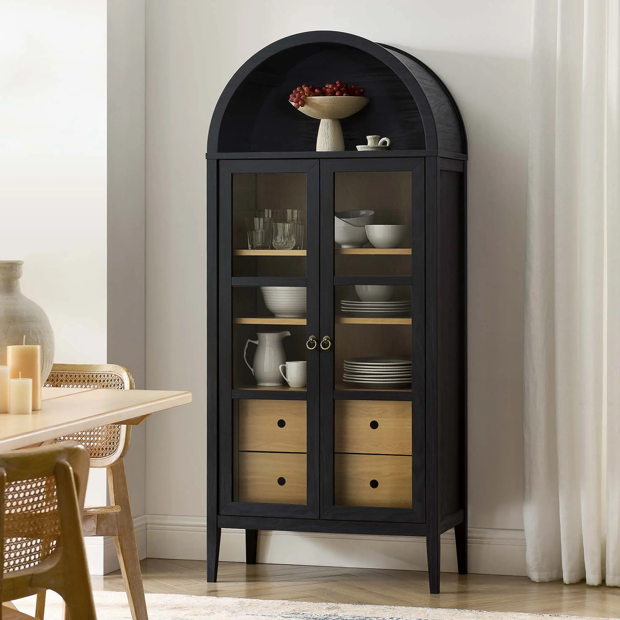 Modway Nolan Tall Arched Wood Farmhouse Storage Display Cabinet - Indoor Furniture Cupboard with Glass Doors, Adjustable Shelves, 88 lbs Capacity, for Living Room Use, Black Oak Finish