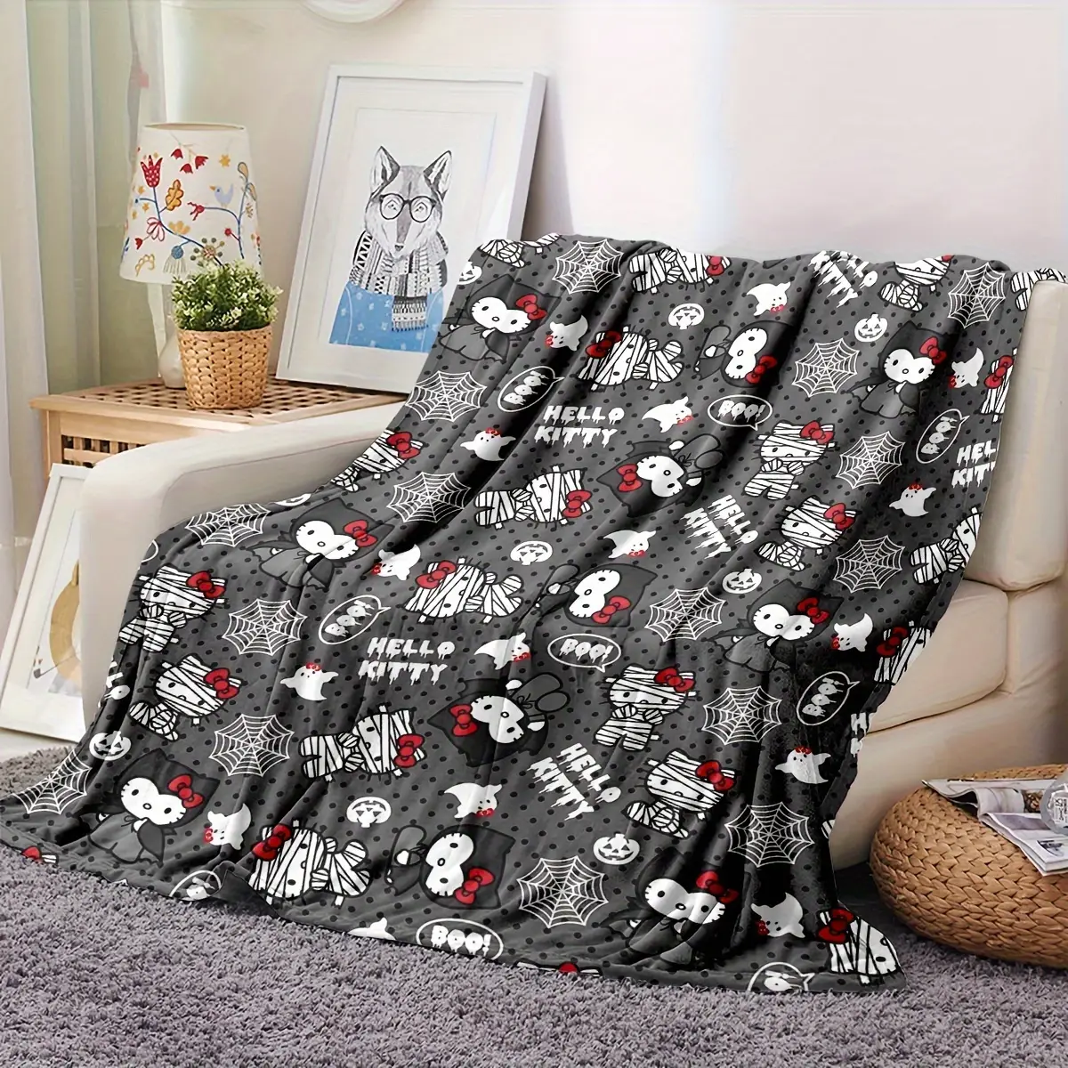 Fun Halloween Hello Kitty themed printed plush blanket - Multifunctional, perfect for home, office, camping and travel 80*60