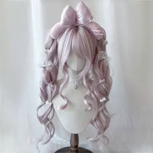 A Lolita wig with two ponytails at the tiger's mouth, a light pink Lolita girl's daily full headwear