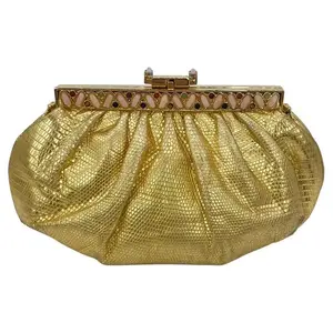 Pre-owned JUDITH LEIBER Lizard Clutches & Wristlets Leiber Gold Gemstone Top Clutch