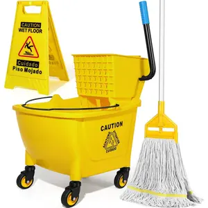 35 Qt Mop with Side Press Wringer on Wheels,Duty Industrial Mop and Set for,Including 1 Wet Sign for and Business,Yellow