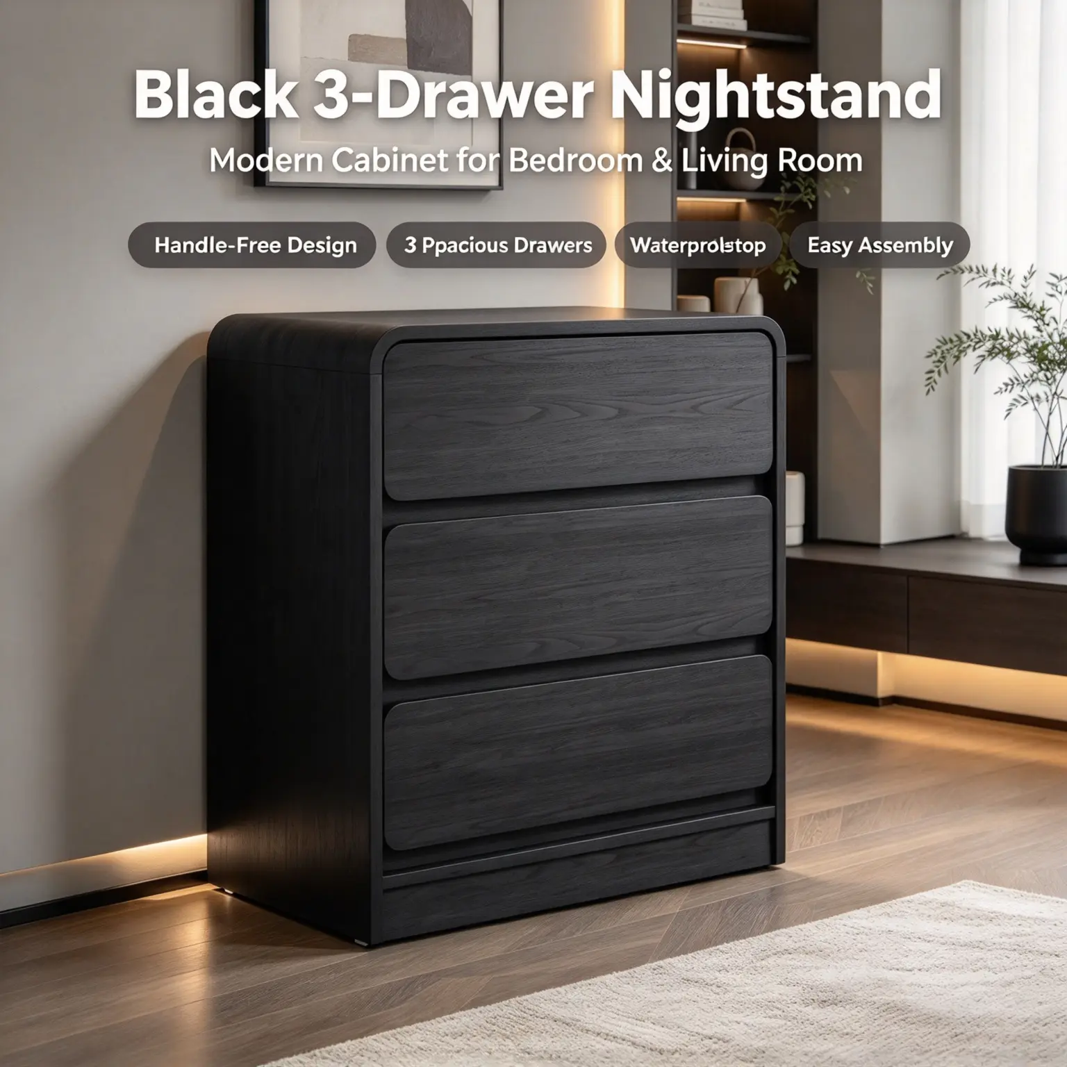 Black 3-Drawer Nightstand Bedside Bedroom Furniture with Anti-Tip Kit, Modern Wooden Handle-Free Bedside Table, Space-Saving Multi-Purpose Side Cabinet for Bedroom, Living Room, Easy Assembly kitchen islands sleek coffee Set children's furniture panther