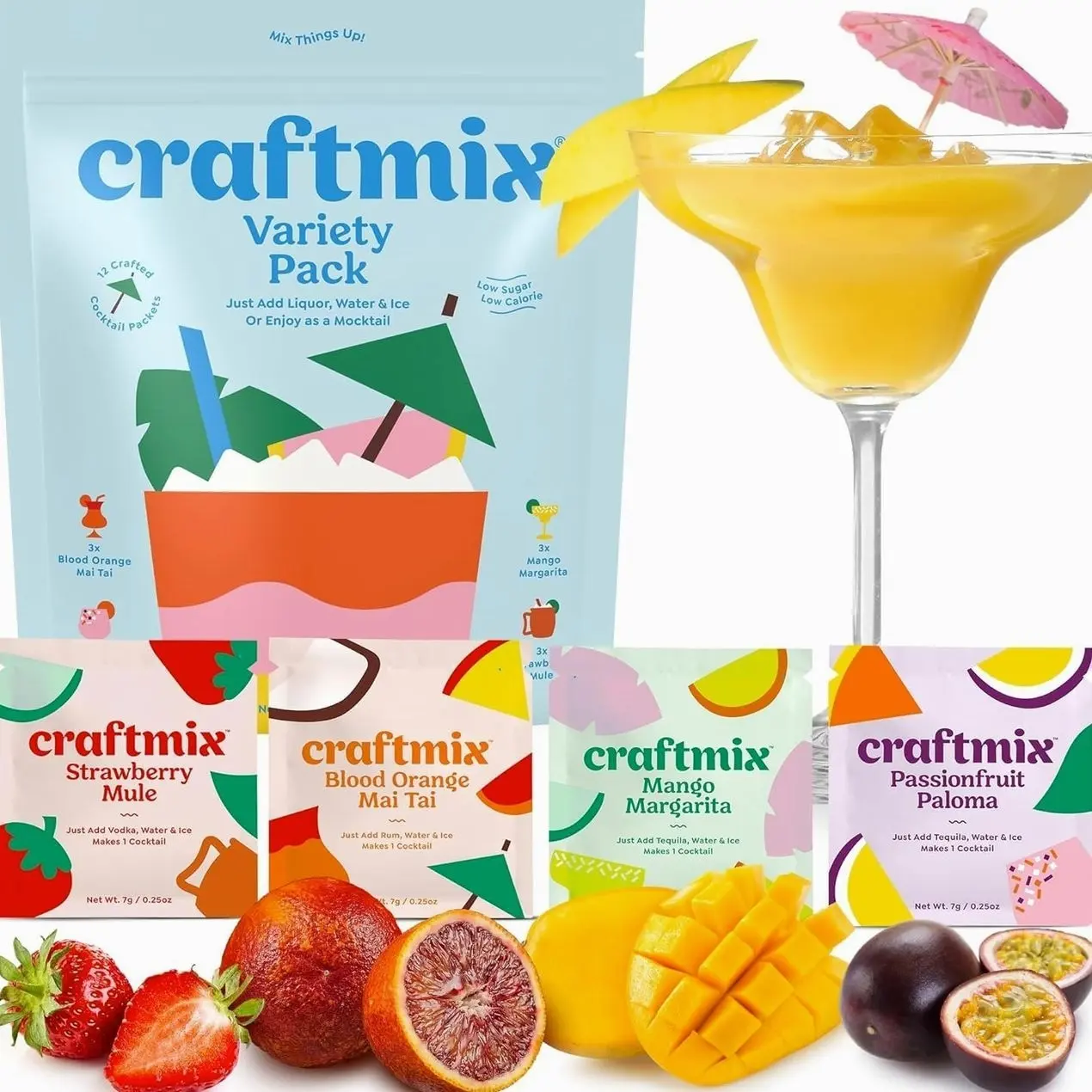 Craftmix Variety Pack Cocktail & Mocktail Drink Mixer, Skinny Mixes - Water Flavoring Packets - Made With Real Fruit - Vegan Low-Carb, Low-Sugar, Non-GMO, Dairy Free, Gluten Free, 12 Pack
