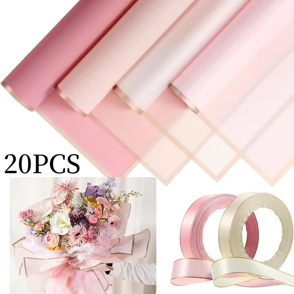 Flower Wrapping Paper and Ribbon Set 20 Sheets Bouquet Wrapping Paper with 44m Double Face Satin Ribbon for Flower Gift DIY, Florist Supplies