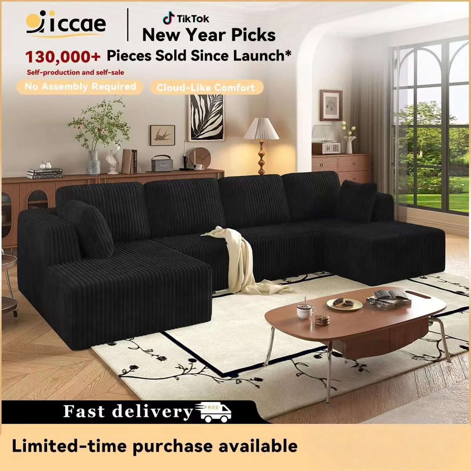 【2-3 Packages】 Niccae 132'' U-shape Boneless Memory Foam Sectional Sofa, Compressed Corduroy Sectional Couches, Oversized U Shape Comfy Modular Compression Cloud Sleeper Sofa with Deep Seat, Space-Saving Recliner Design