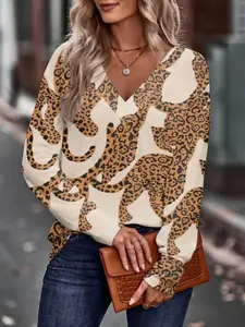 New Casual Fall Winter Plus Size Women's Leopard Print Fashion Daily V-Neck Loose Long Sleeve Top, Stylish Ladies' Clothing