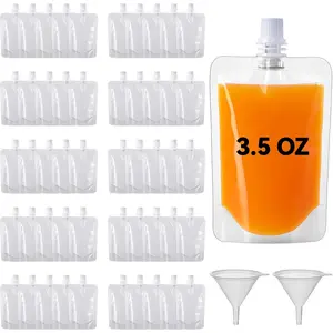 100 count Portable Plastic Pouches Bulk  Plastic Juice Pouch Clear PET Squeeze Liquid Pouches Leak Proof Water Drink Bags with 2 Foldable  Funnels for Women Men Party Travel, 3.5 Oz