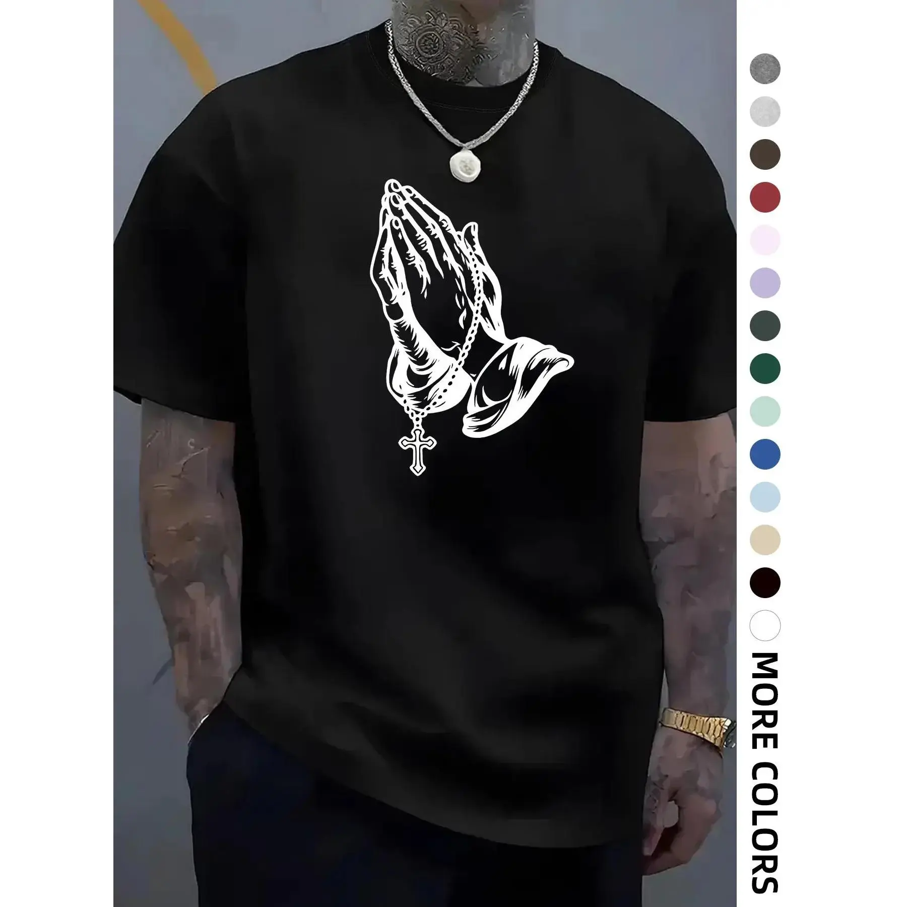 Men's Prayer Hand Graphic T-Shirt, a Loose-Fit Crewneck in a Soft Cotton Blend for Office Looks with Jeans or Leather Jackets, Cargo, Day, Shortsleeve, Hem, Stylish, Round Neck, Simple, Fabric, Menswear, Basic