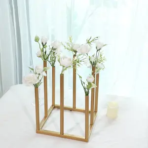 Flower Vase Gold Metal Minimalist 8-Tubes Square Base Design - Single Stem Bud Centerpiece for Arrangements 10"