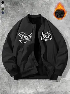 Men's Casual Baseball Collar Jacket, Fleece Lined New York, Tactical Windproof and Durable Surface Design with Letter Print, Suitable for Outdoor Activities and Daily Commuting, Perfect for Winter Wear, an Ideal Gift for Him