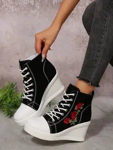 Summer New Height Increasing Platform Canvas Shoes for Women, Thick Sole Wedge Heel Slimming Leg High Heels Single Shoe