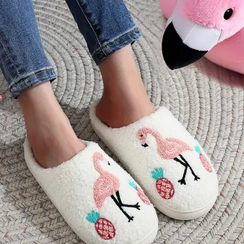 Women's Cute Flamingo & Pineapple Embroidery Design Plush Soft  Slippers, Trending Shoes, Warm Slippers for Indoor & Outdoor Use for Women & Girls, White Walking Shoes, Casual Home Slippers, Home Footwear
