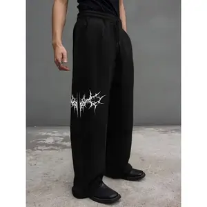 Men's Casual Sports Pants, Thorn Pattern Print Sweatpants, Drawstring Wide Leg Loose Fit, All Season Men's Fashion Long Pants