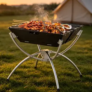 Folding Camping Fire Pit Grill, Portable Stainless Steel BBQ Grill with Carrying Bag & Gloves, Collapsible Campfire Stove for Outdoor Picnic fathersdaygift