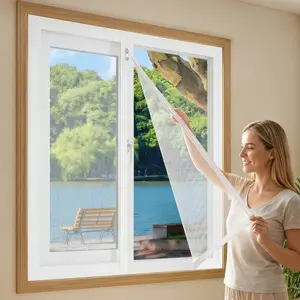 White Zipper Window Screen Kit, No-Drill Hook and Loop Installation, Removable Fine Mesh for Mosquito and Bug Protection, Breathable Dustproof Net, Fits Multiple Window Sizes for Home