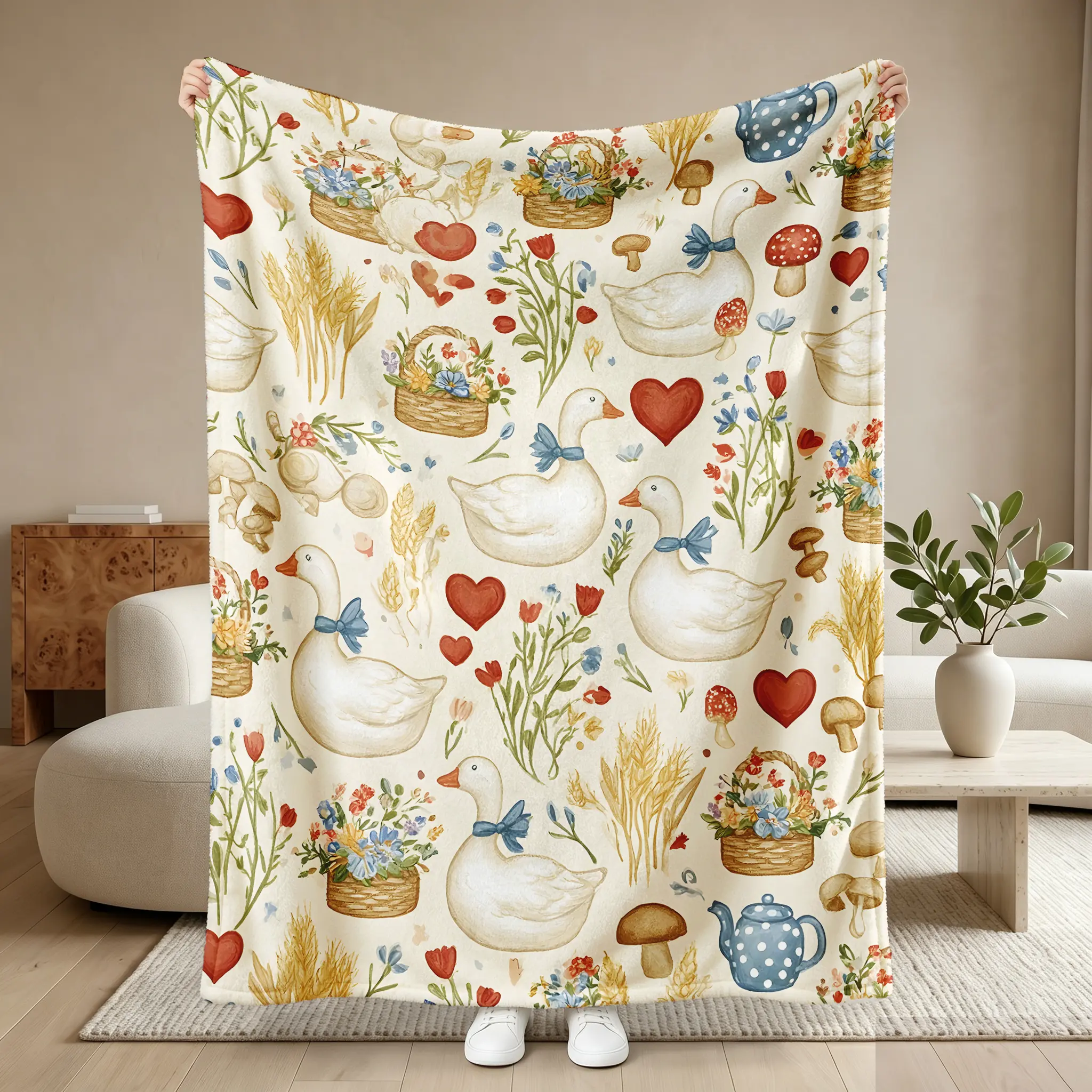 Cottagecore Goose & Wildflower Throw Blanket - Aesthetic Vintage Farmhouse  Blanket, Cute Retro Goose with Bow Plush Blanket, Shabby Chic Room Decor, Gift for Her