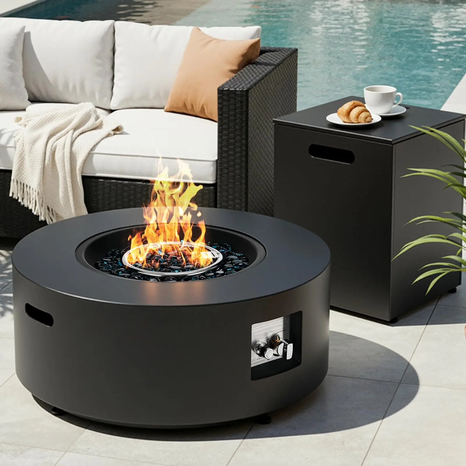 LIFERUN 30 in Round Propane Fire Pit Table, 50,000 BTU 2-in-1 Outdoor Gas Fire Pit with Lid, 304 Stainless Steel Burner, Rain Cover and Blue Fire Glass, Light Grey Patio Coffee Table for Deck, Backyard, Garden, Poolside and Outdoor Entertaining
