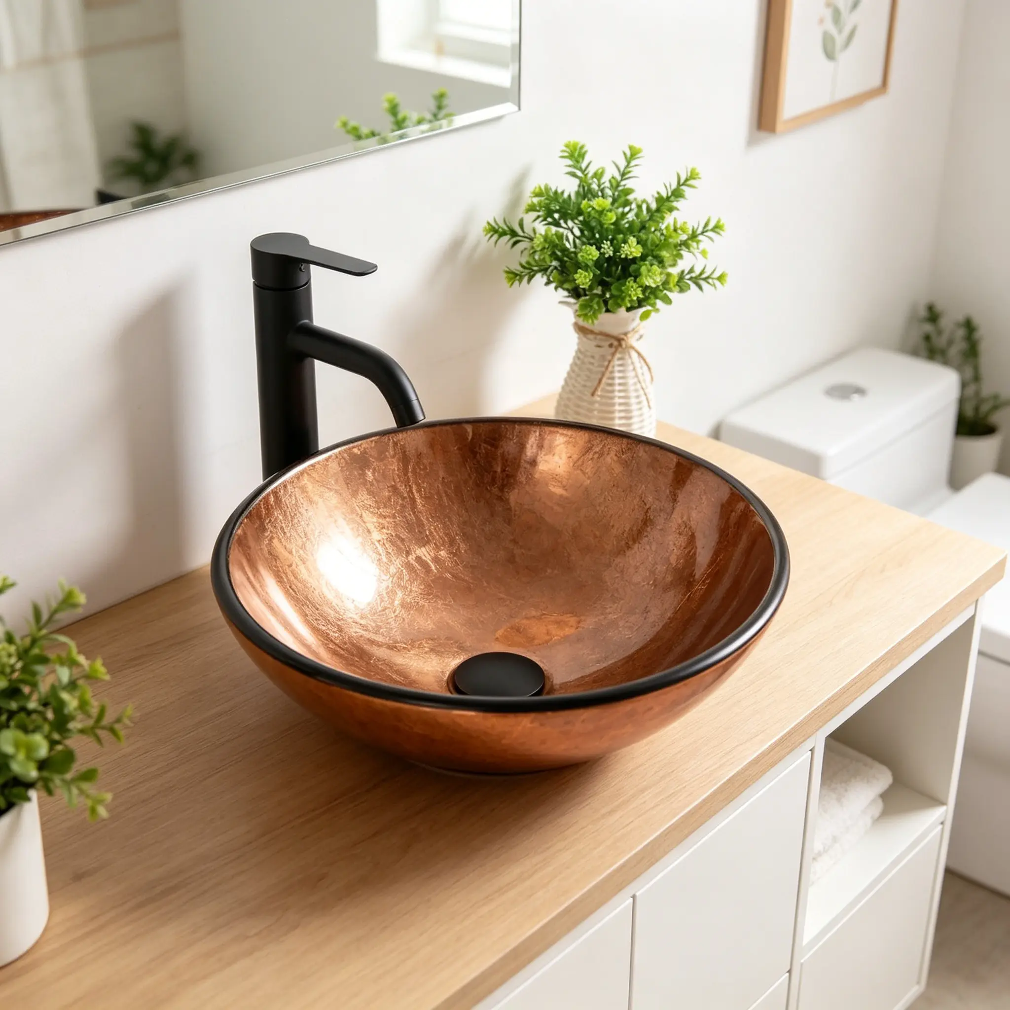 Lordear 16 x 16 Inch Artistic Vessel Sink Bathroom Vessel Sink Round Brown Tempered Glass Vanity Round Bowl With Pop-up Drain Sink Countertop Basin
