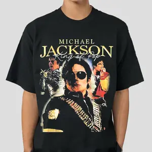 Menswear Cotton Fabric Short-Sleeve T-Shirt - Unisex, Michael Jackson Concert Scene Collage Design, A216 Retro Pop Fashion Top, S-3XL Sizes, for Fan Events & Casual Occasions