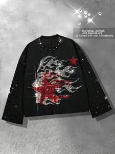 Water Diamond Flame Portrait Long Sleeve Cropped T-shirt with Horn Sleeve for Men, Street Style, Streetwear Men's and Women's Round Neck T-shirt, Suitable for Spring and Autumn Party Nightclub Hot Diamond