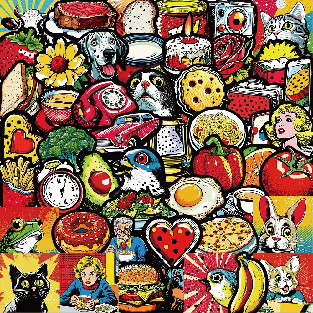 Food Pattern Sticker, 50pcs/set Cartoon Food Decorative Sticker, DIY Decals for Water Bottle, Laptop, Phone Case, Scrapbooking, Journal Making, Ornaments