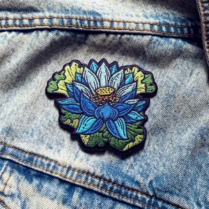 Lotus Embroidered Patch - Flower Iron on Patch - 3x3" - Floral, Botanical, Nature - Great for Jackets, Bags, Accessories - Boho, Art Nouveau - Blue Flower - 100% embroidery